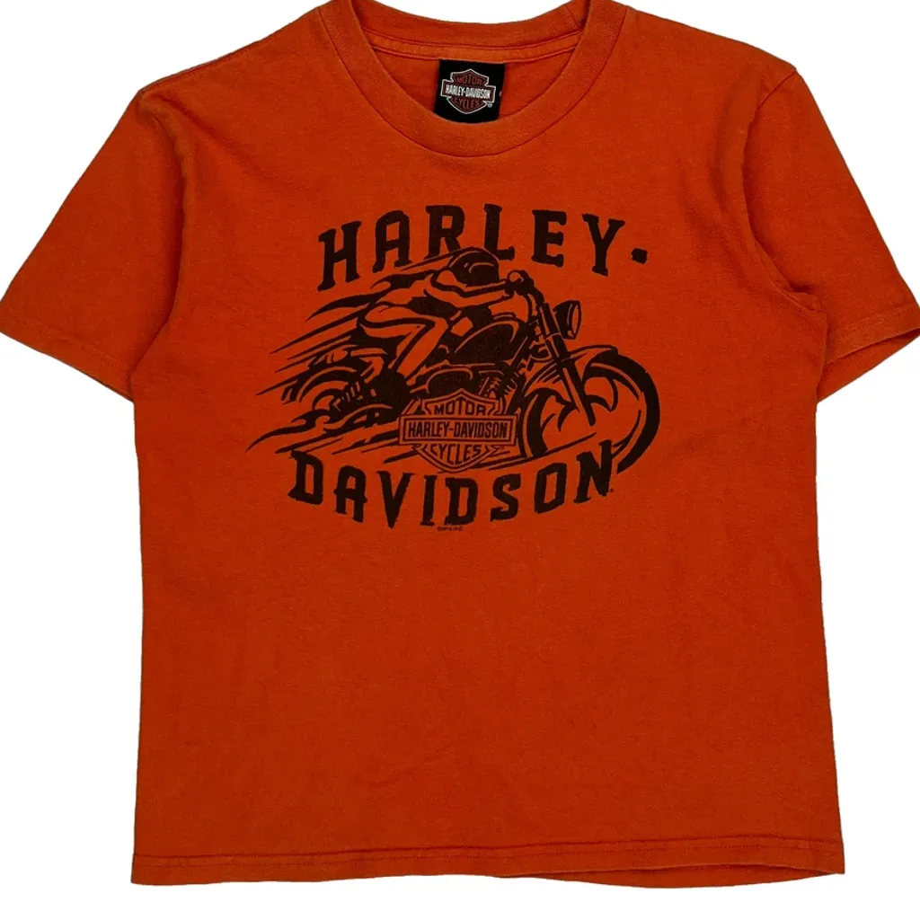 Harbor Town Harley-Davidson, Manitowoc, Wi Harley Davidson Graphic T-Shirt - Medium Orange Cotton - Image 5
