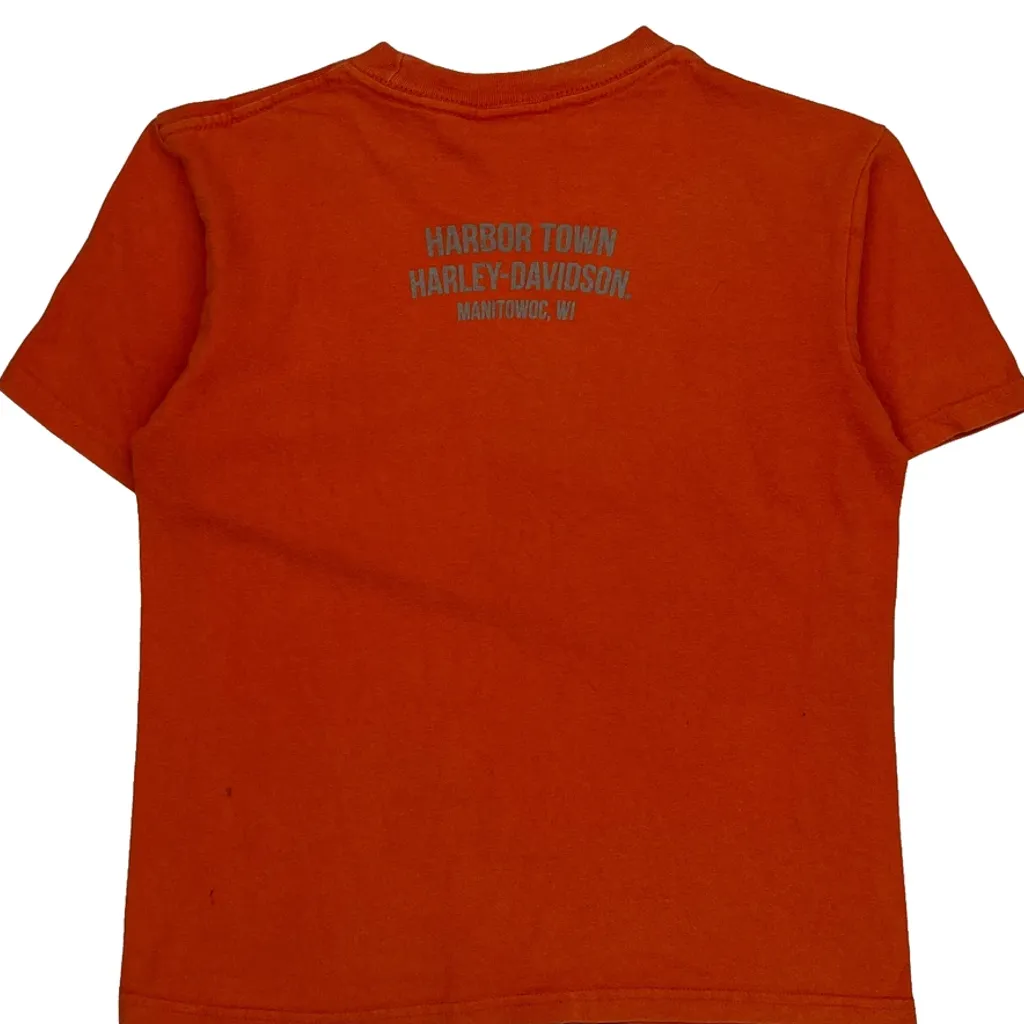 Harbor Town Harley-Davidson, Manitowoc, Wi Harley Davidson Graphic T-Shirt - Medium Orange Cotton - Image 7