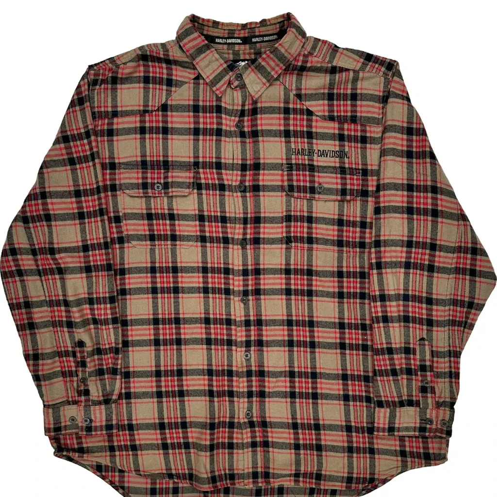 Harley Davidson Checked Flannel Shirt - 2XL Beige Cotton - Image 6