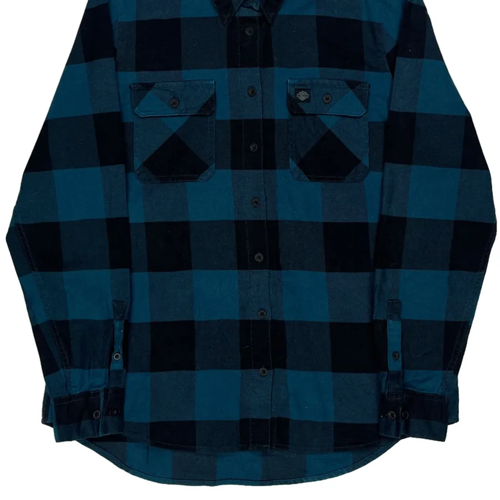 Harley Davidson Checked Flannel Shirt - Large Blue Cotton - Image 4