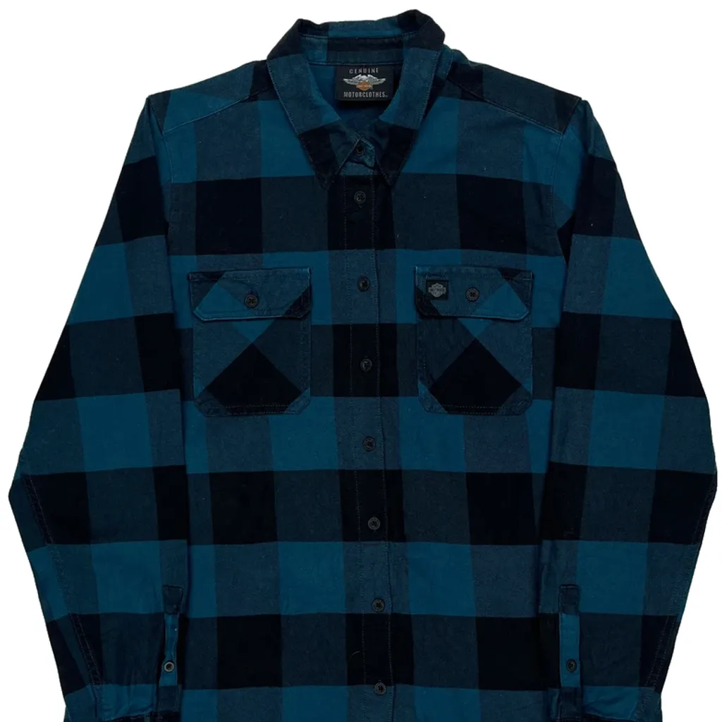 Harley Davidson Checked Flannel Shirt - Large Blue Cotton - Image 5