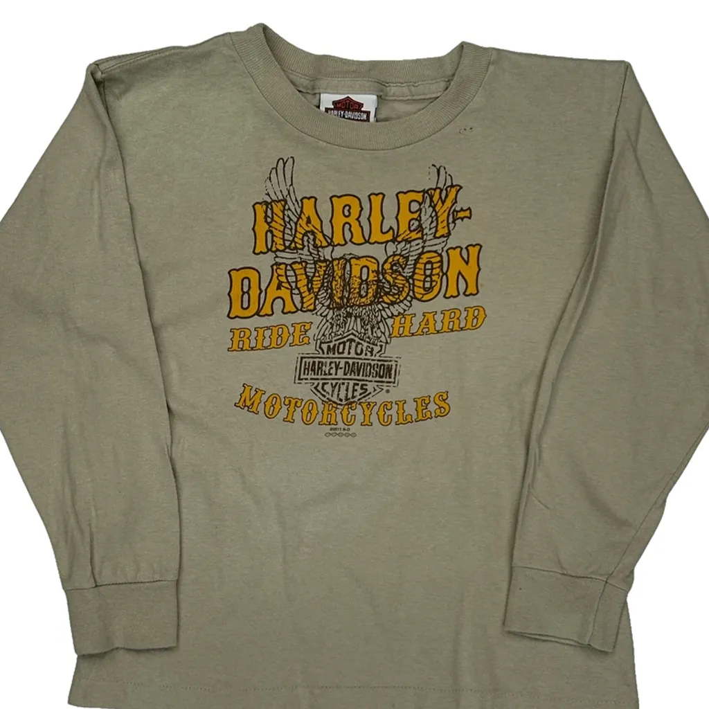 Age 10 Harley Davidson Graphic Long Sleeve T-Shirt - Small Beige Cotton - Image 4