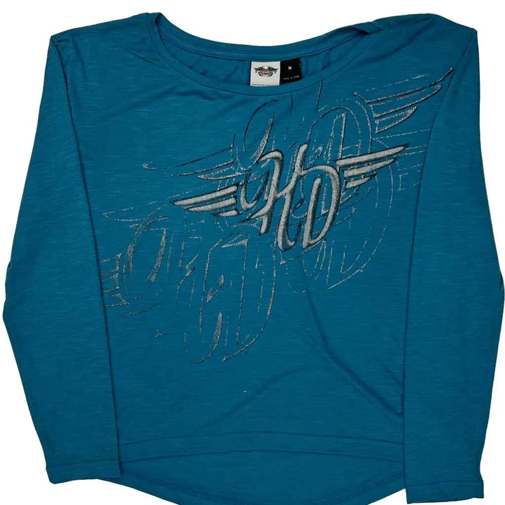 Harley Davidson Graphic Long Sleeve T-Shirt - Medium Blue Polyester - Image 5