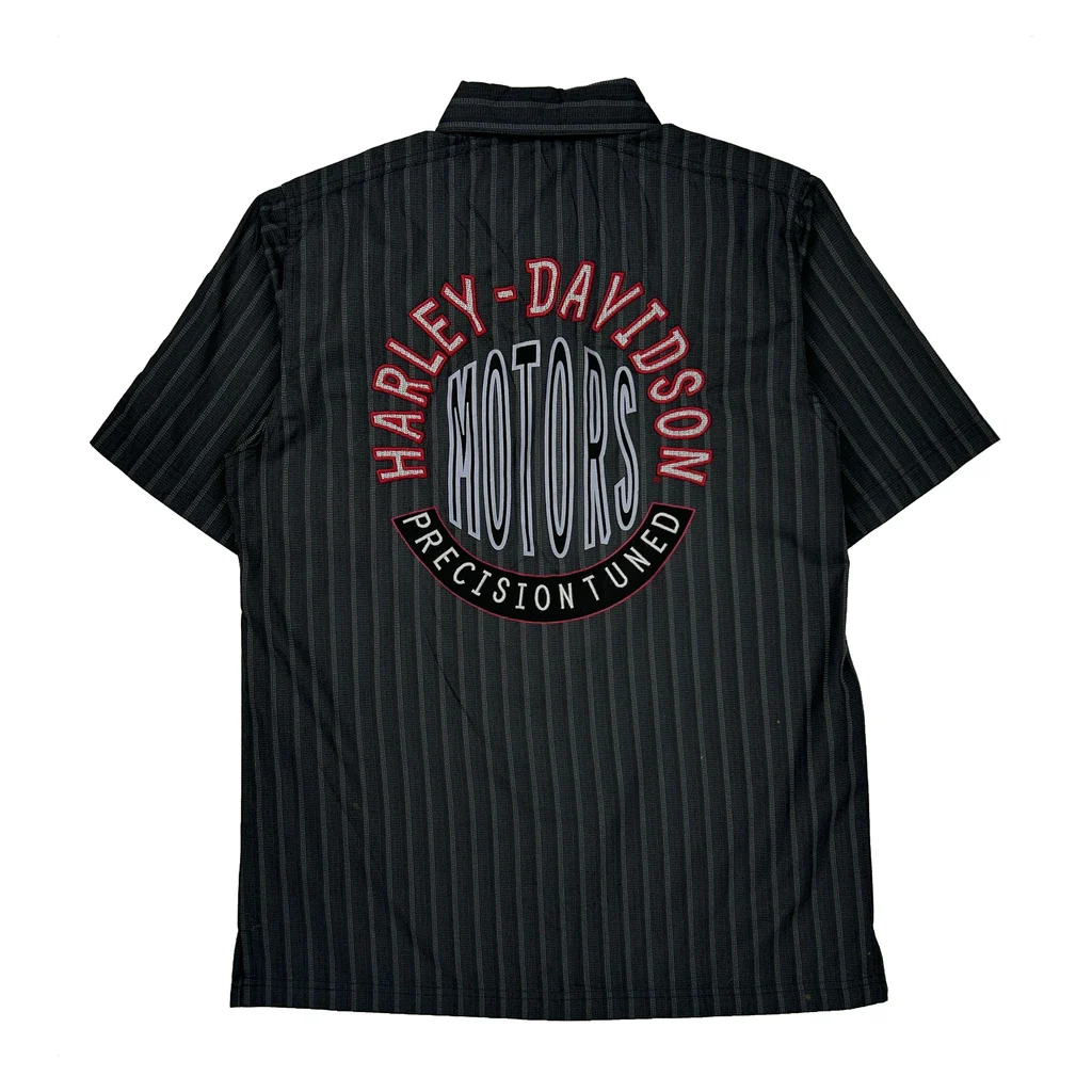 Harley Davidson Striped Short Sleeve Shirt - Small Black Polyester - Image 2