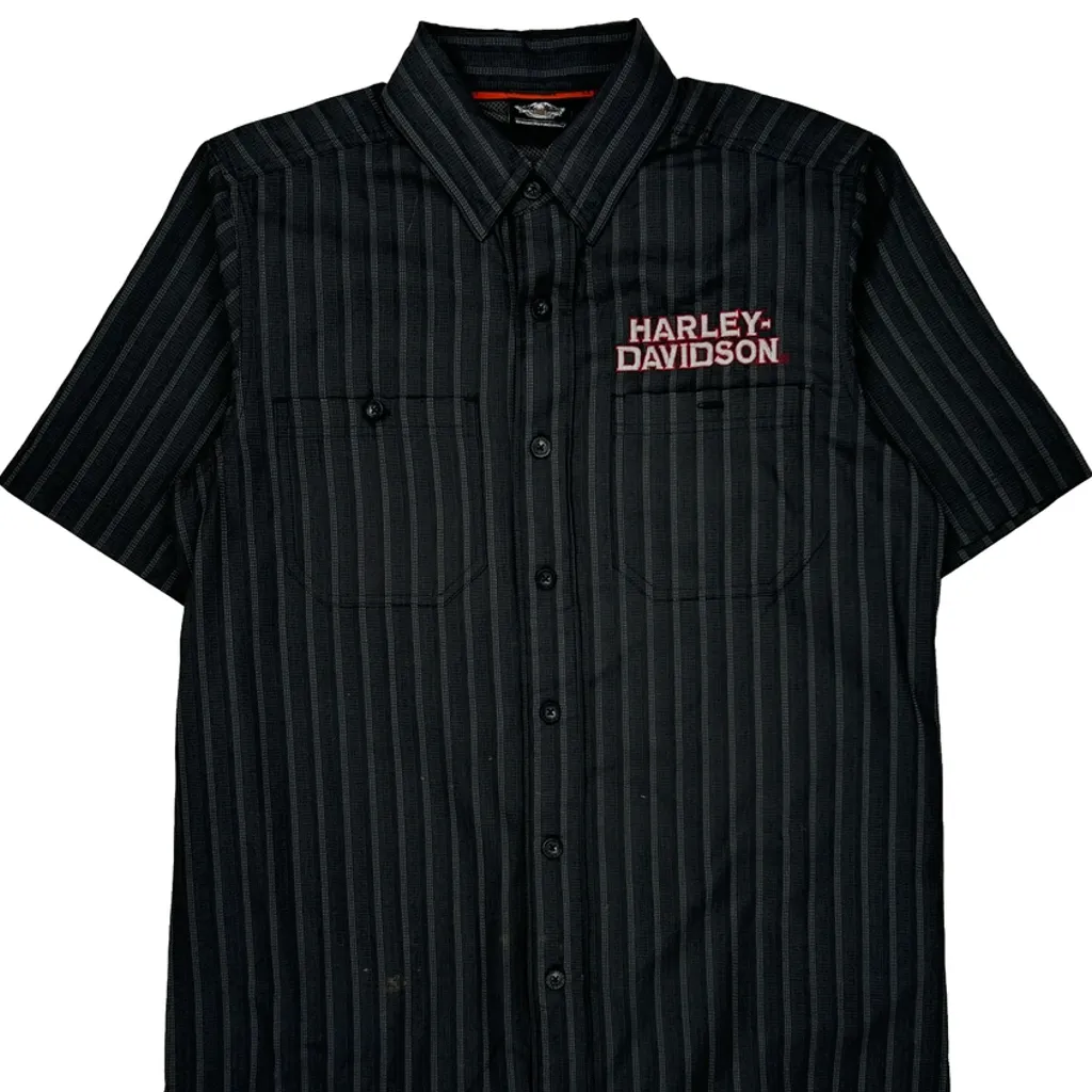 Harley Davidson Striped Short Sleeve Shirt - Small Black Polyester - Image 4