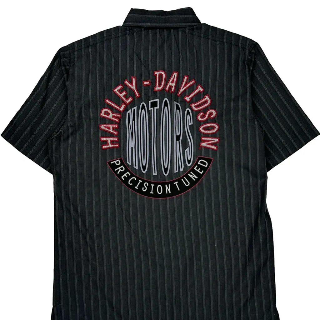 Harley Davidson Striped Short Sleeve Shirt - Small Black Polyester - Image 6