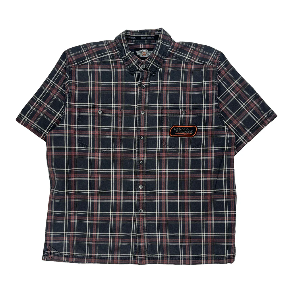 Harley Davidson Checked Short Sleeve Shirt - XL Black Cotton