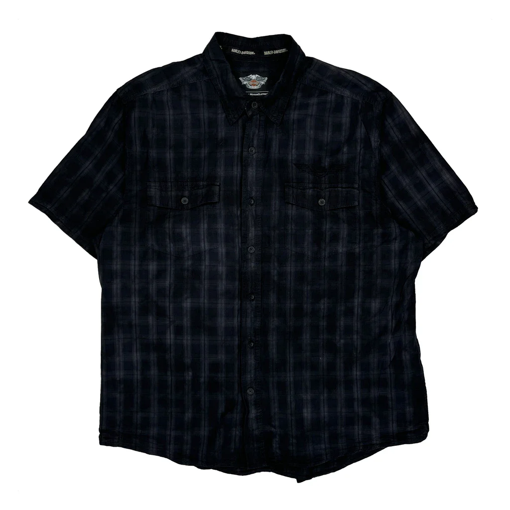 Harley Davidson Checked Short Sleeve Shirt - 2XL Blue Cotton