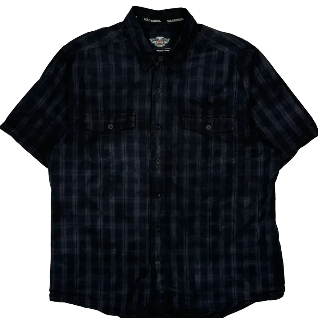 Harley Davidson Checked Short Sleeve Shirt - 2XL Blue Cotton - Image 5