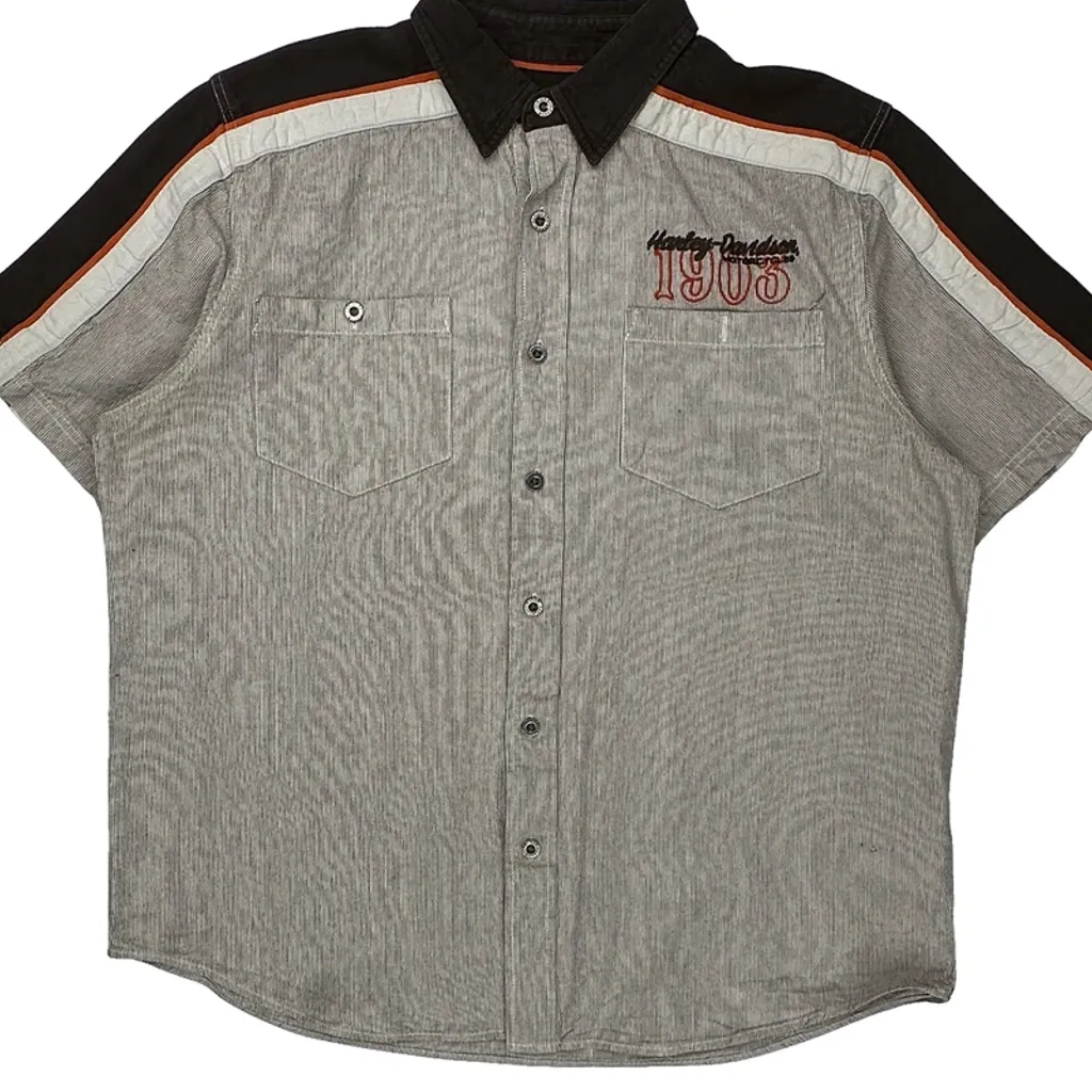 Harley Davidson Striped Short Sleeve Shirt - XL Gray Linen Blend - Image 4