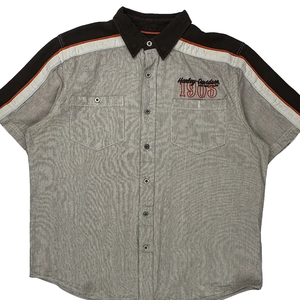 Harley Davidson Striped Short Sleeve Shirt - XL Gray Linen Blend - Image 5