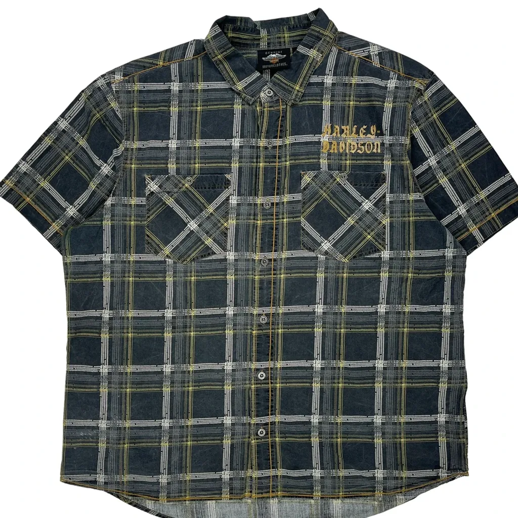 Harley Davidson Checked Short Sleeve Shirt - 2XL Grey Cotton - Image 5