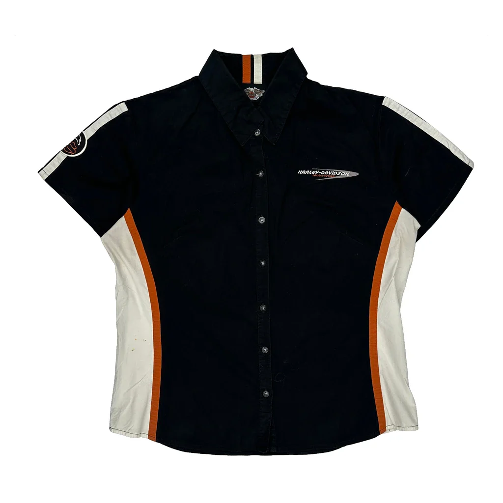 Harley Davidson Striped Short Sleeve Shirt - Large Black Cotton