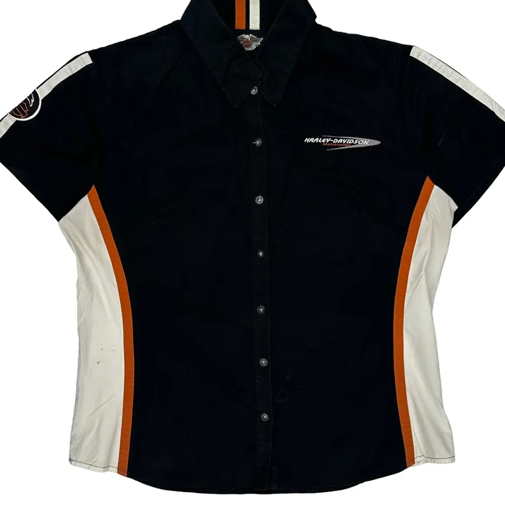 Harley Davidson Striped Short Sleeve Shirt - Large Black Cotton - Image 4