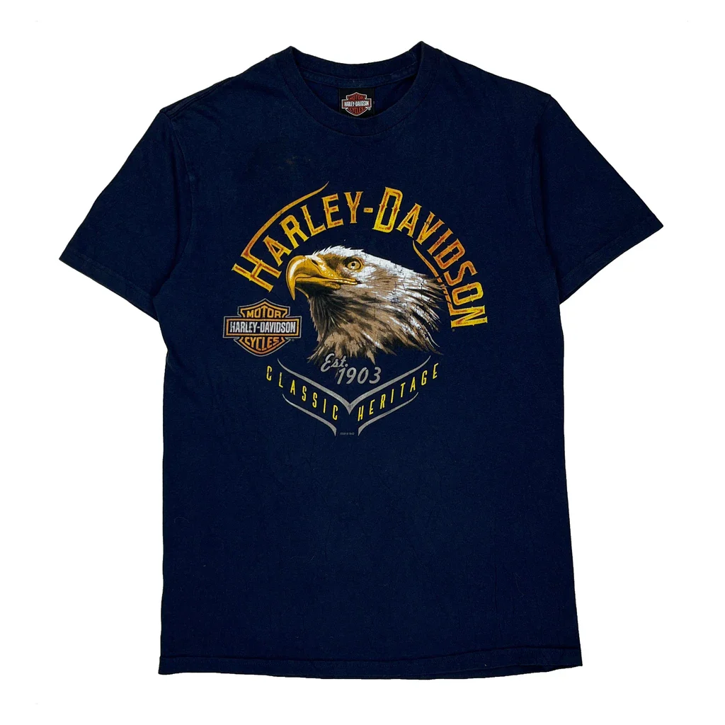 Harley Davidson Graphic T-Shirt - Medium Blue Cotton