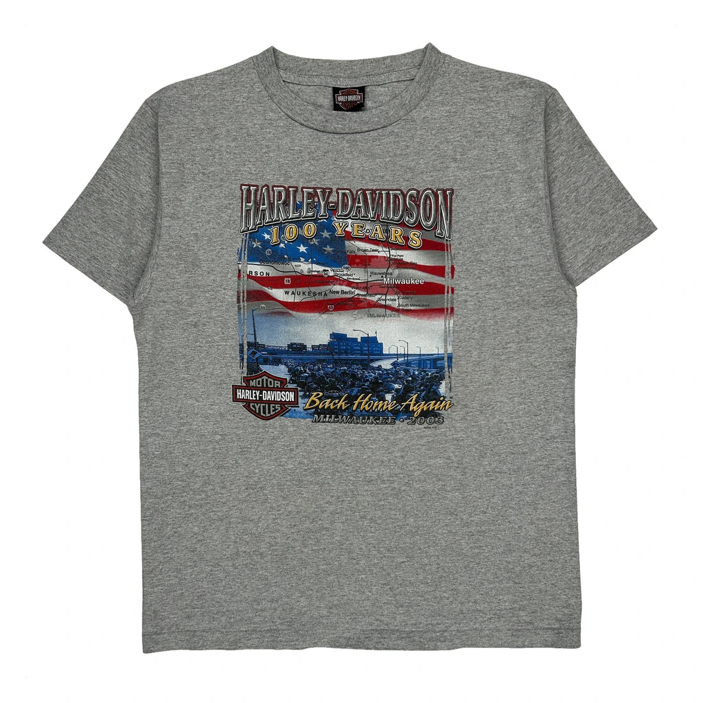 Harley Davidson Graphic T-Shirt - Large Gray Cotton