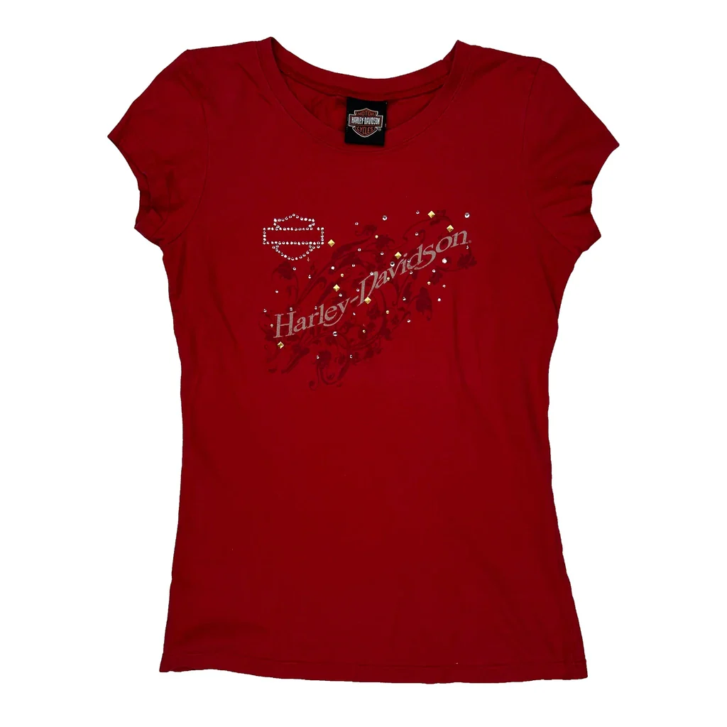 Harley Davidson Studded T-Shirt - Medium Red Cotton