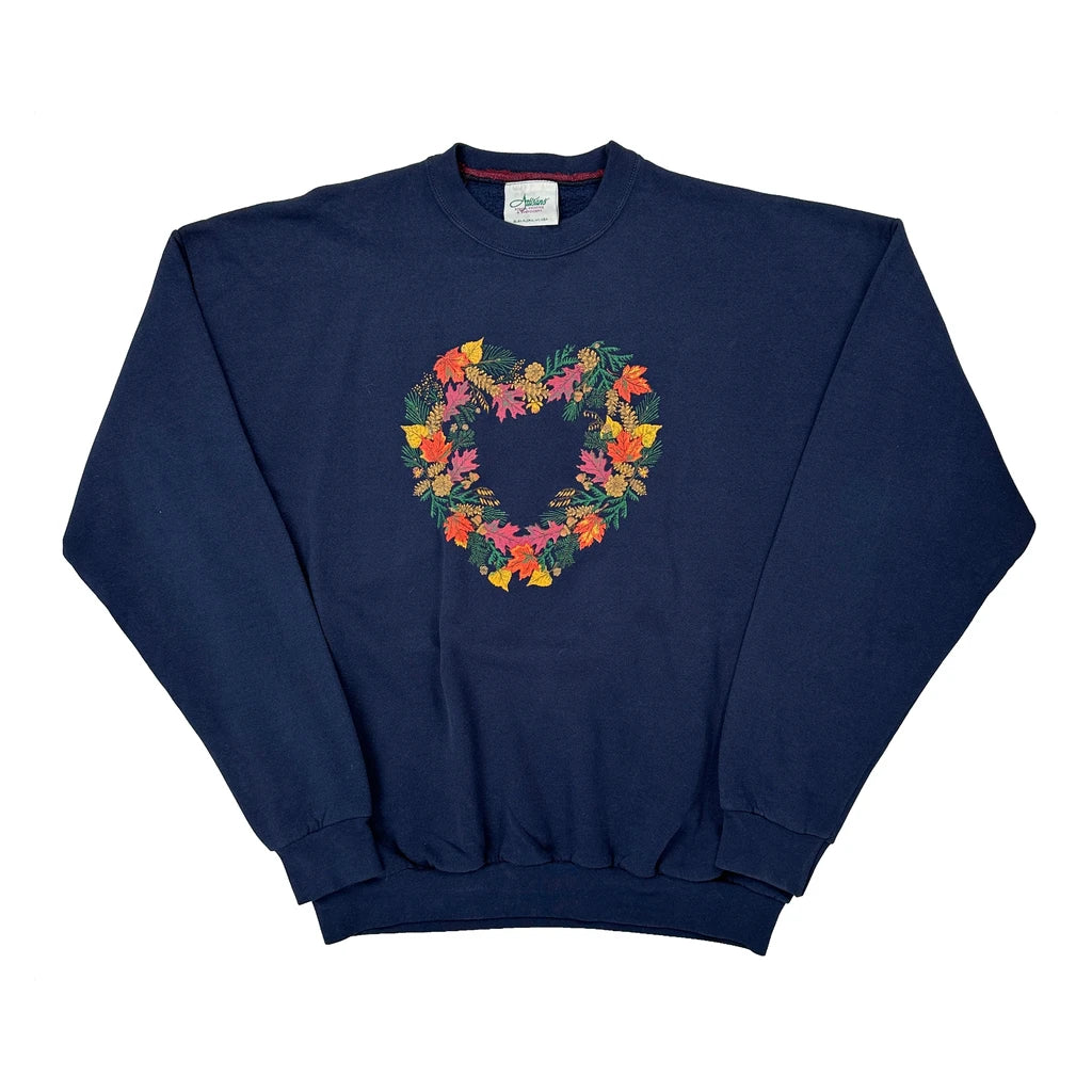 Heart-Shaped Floral Embroidery Artisans Floral Sweatshirt - XL Navy Cotton
