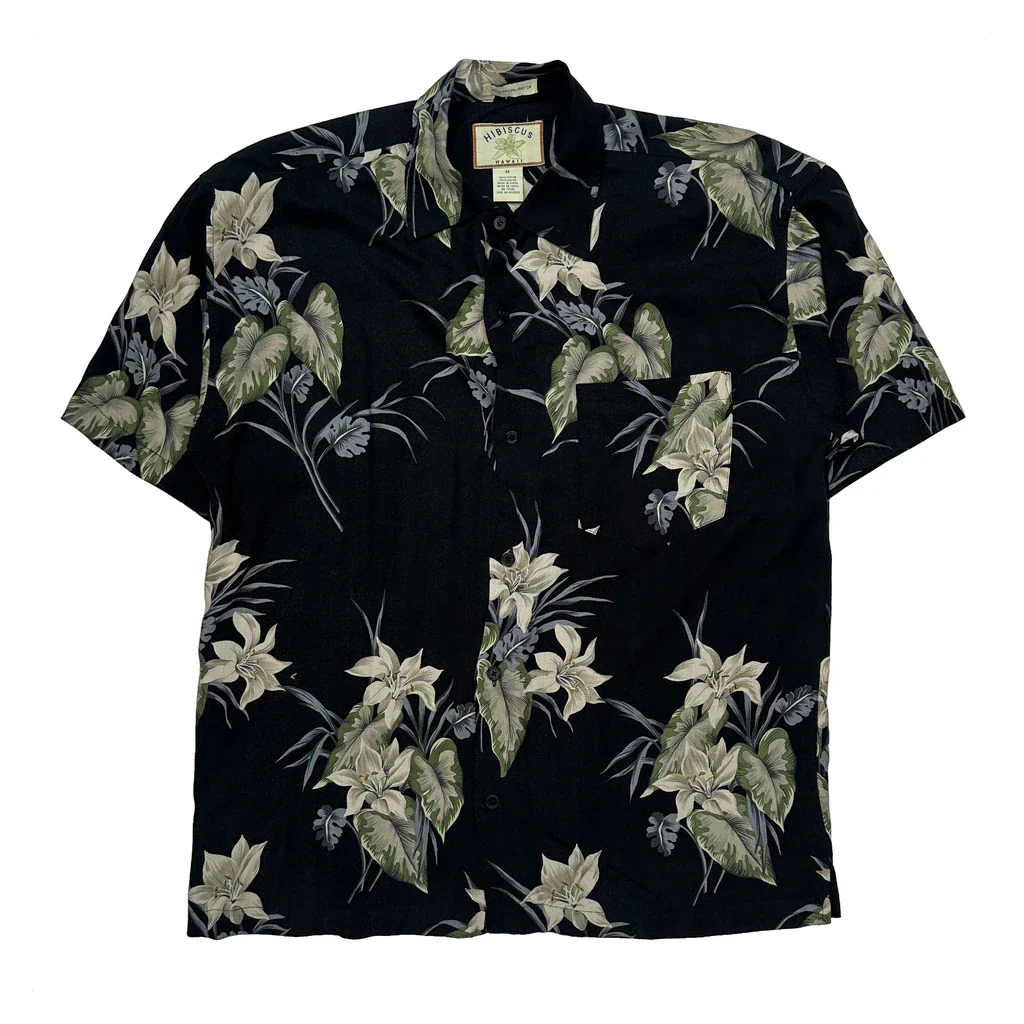 Hibiscus Floral Hawaiian Shirt - Medium Black Viscose