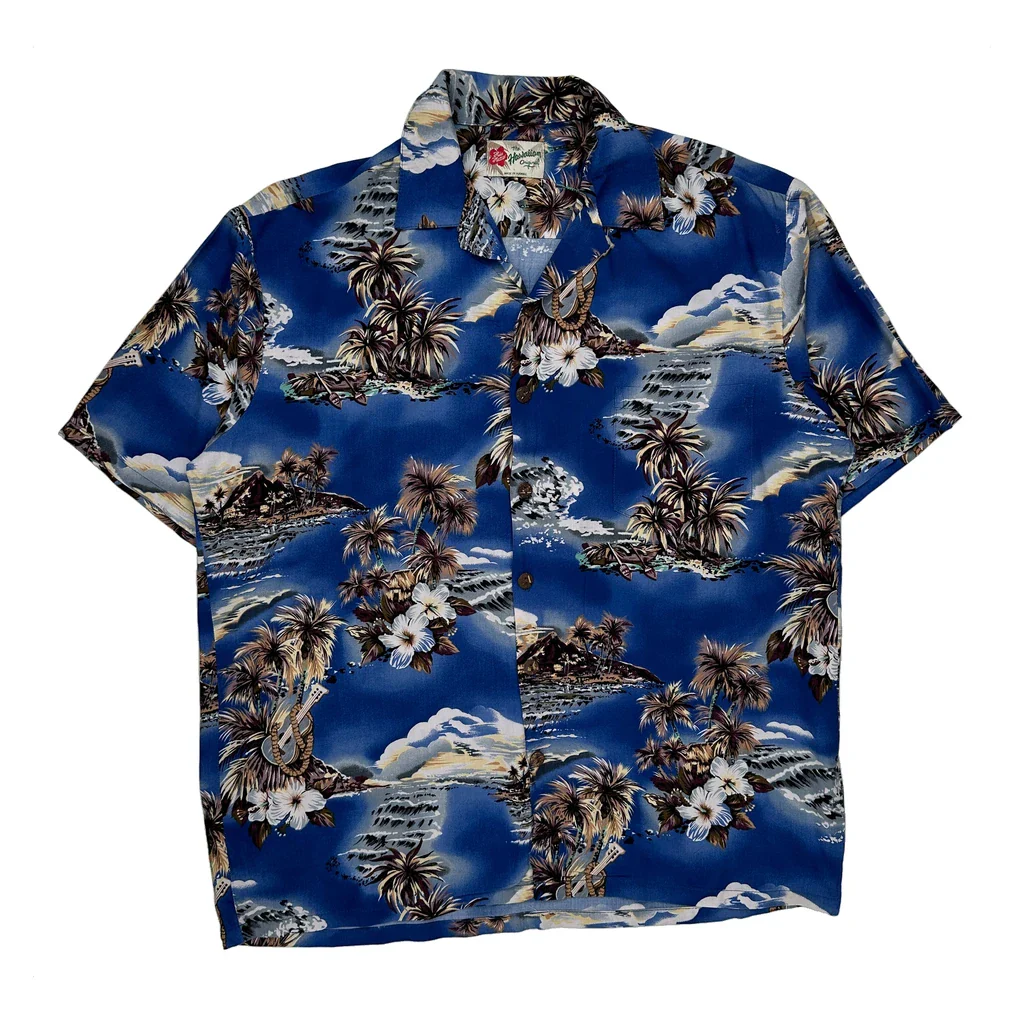 Hilo Hattie Floral Hawaiian Shirt - Large Blue Cotton