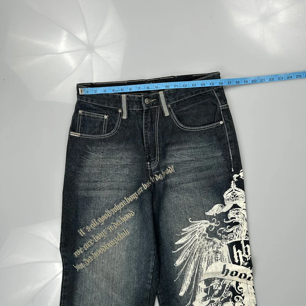 Hood Boys Baggy Graphic Jeans - 32W 32L Dark Wash Cotton - Image 3
