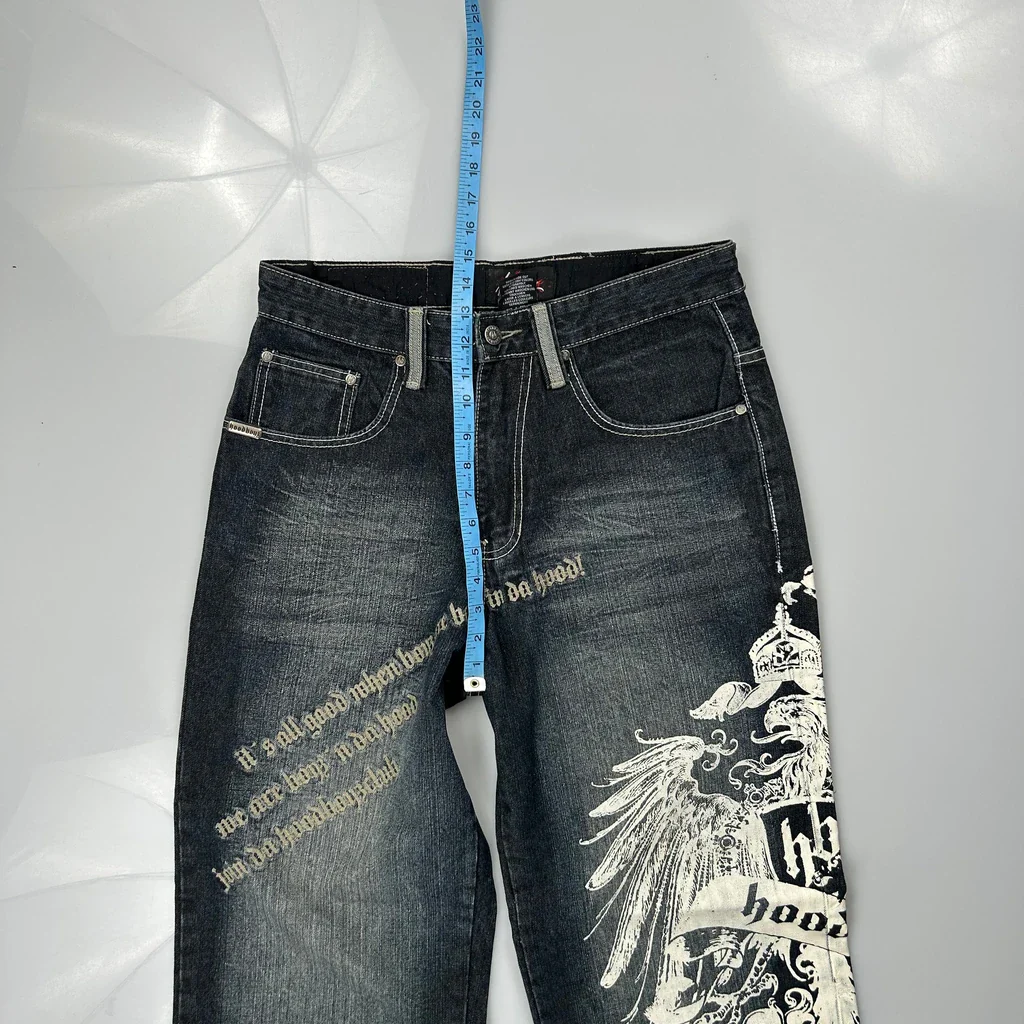 Hood Boys Baggy Graphic Jeans - 32W 32L Dark Wash Cotton - Image 4