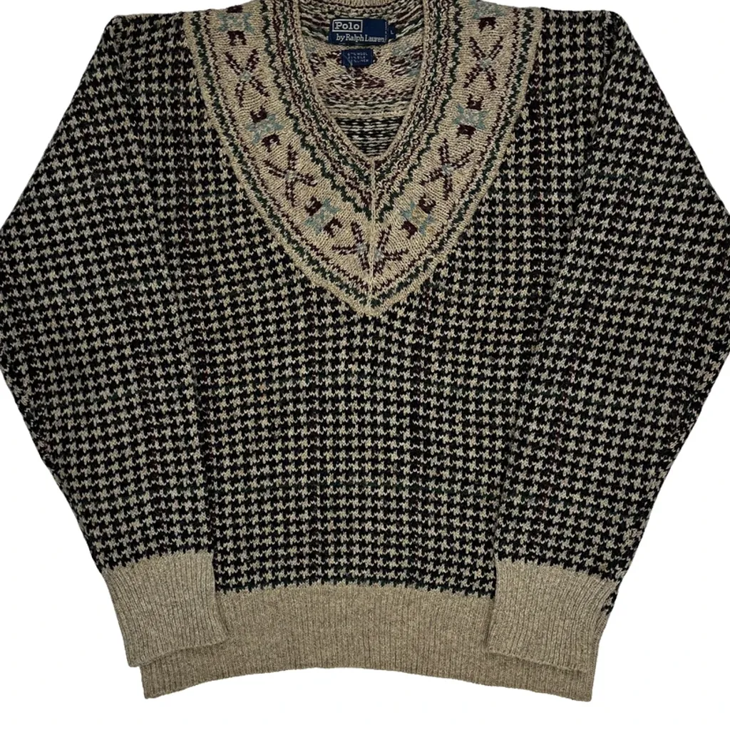Hounds Tooth Wool Silk Polo By Ralph Lauren Chunky Knit Jumper - Large Black Wool Blend - Image 5