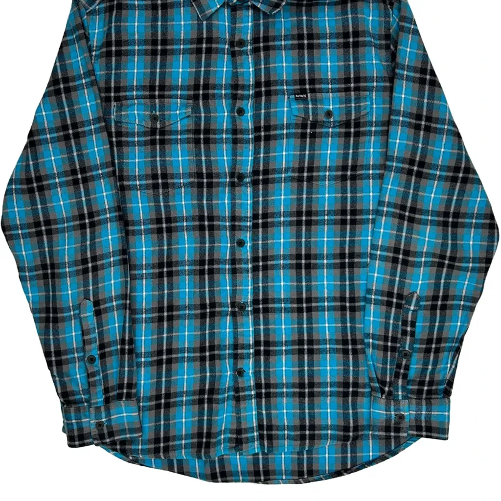 Hurley Checked Flannel Shirt - Large Blue Cotton - Image 4