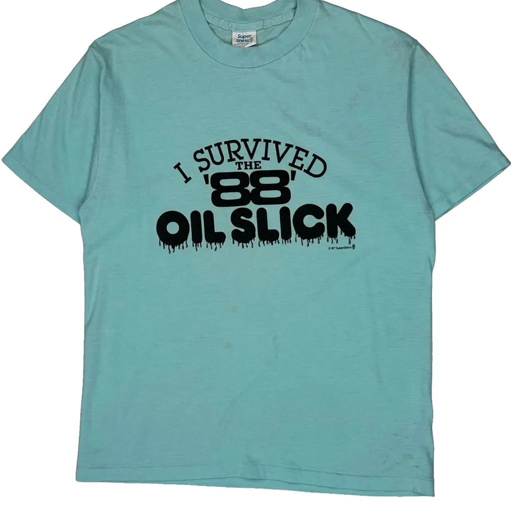 I Survived 1988 Oil Slick Super Shirts Graphic T-Shirt - XL Blue Cotton Blend - Image 5
