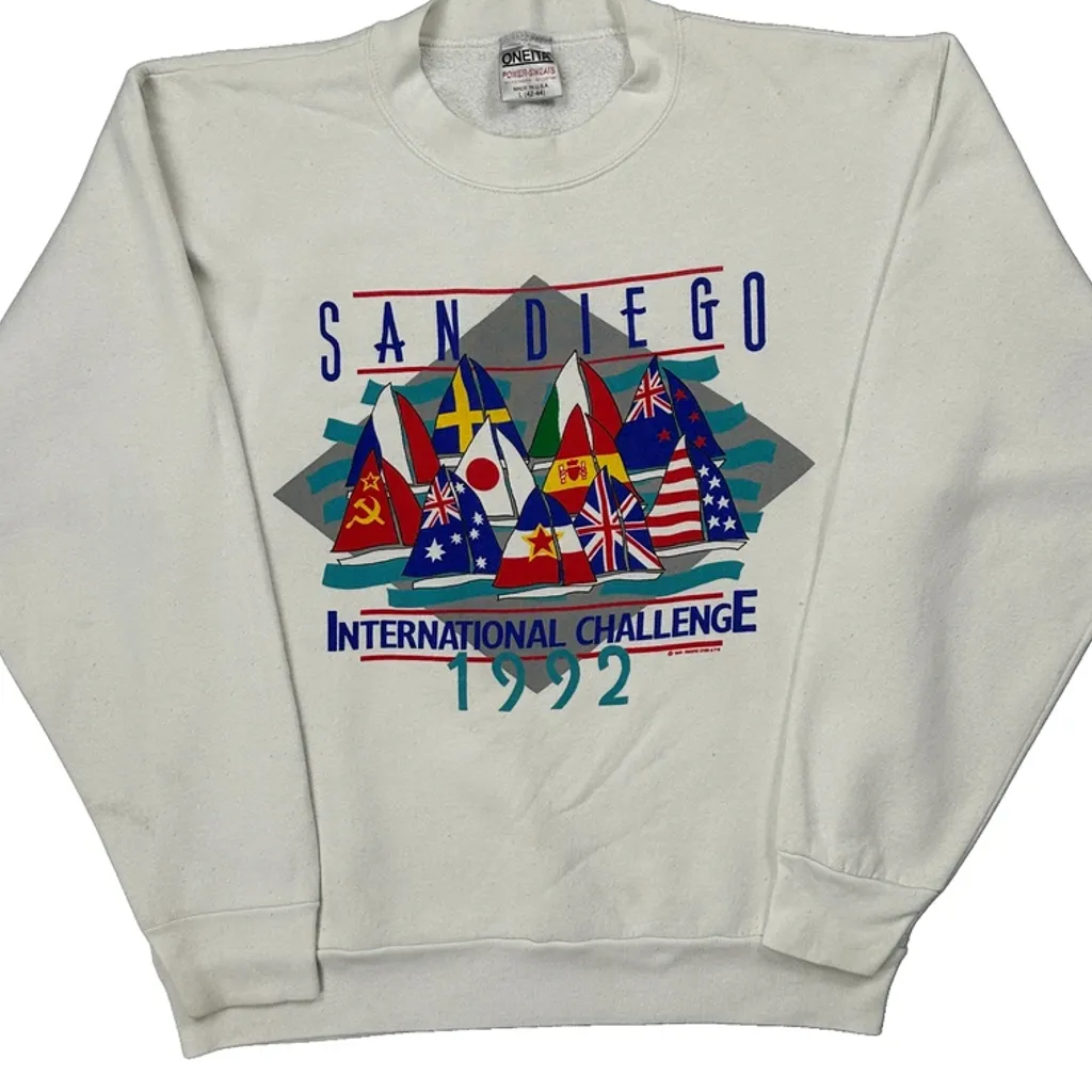 International Challenge 1992 Oneita Graphic Sweatshirt - Large White Cotton Blend - Image 4