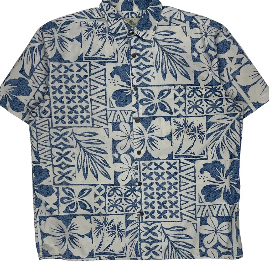 Island Shores Floral Hawaiian Shirt - Large Blue Cotton - Image 4