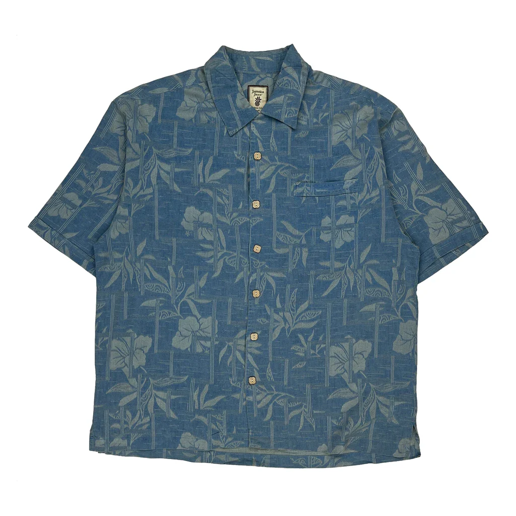 Jamaica Jaxx Floral Hawaiian Shirt - Large Blue Silk
