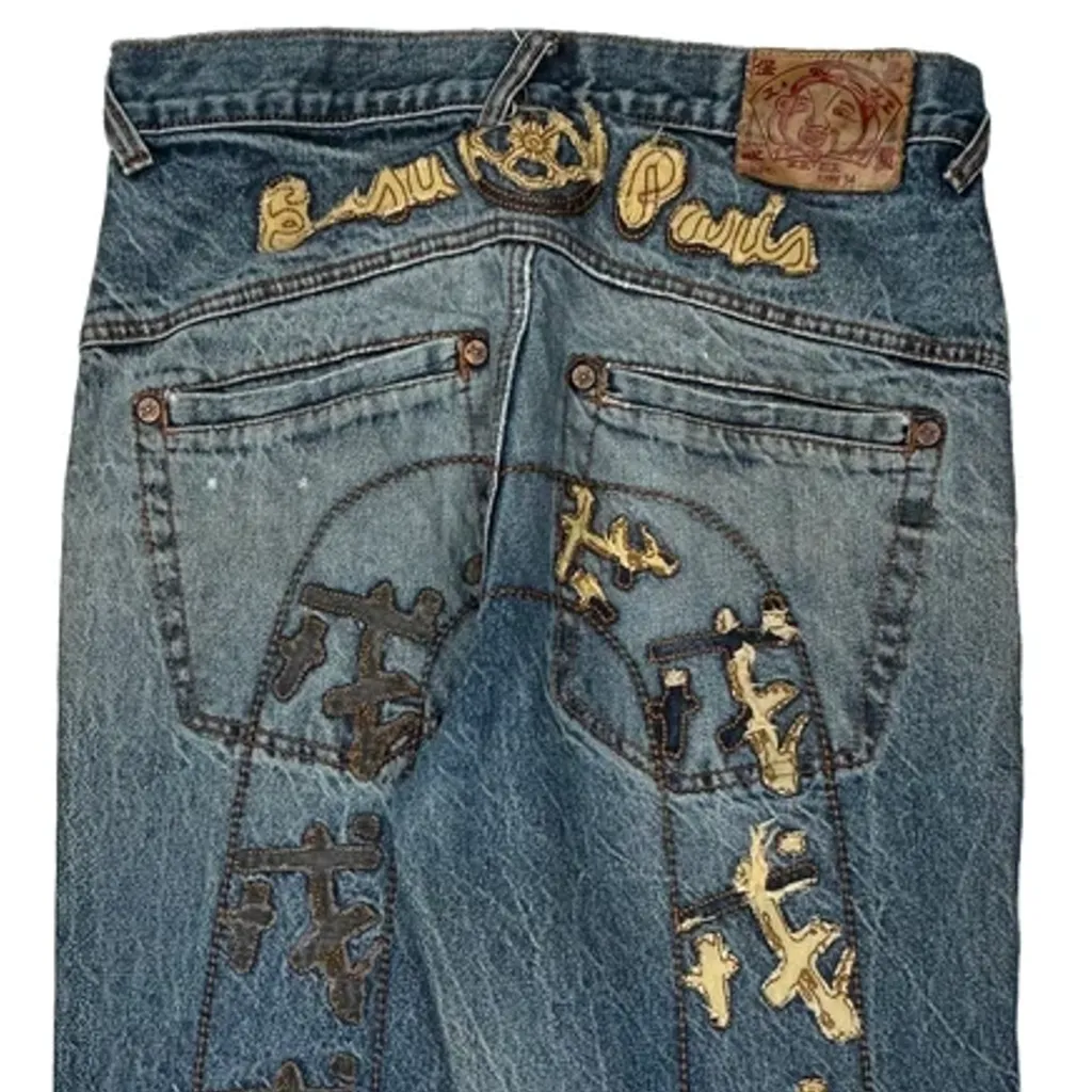 Kanji Embroidery Evisu Graphic Jeans - 33W 33L Blue Denim - Image 6