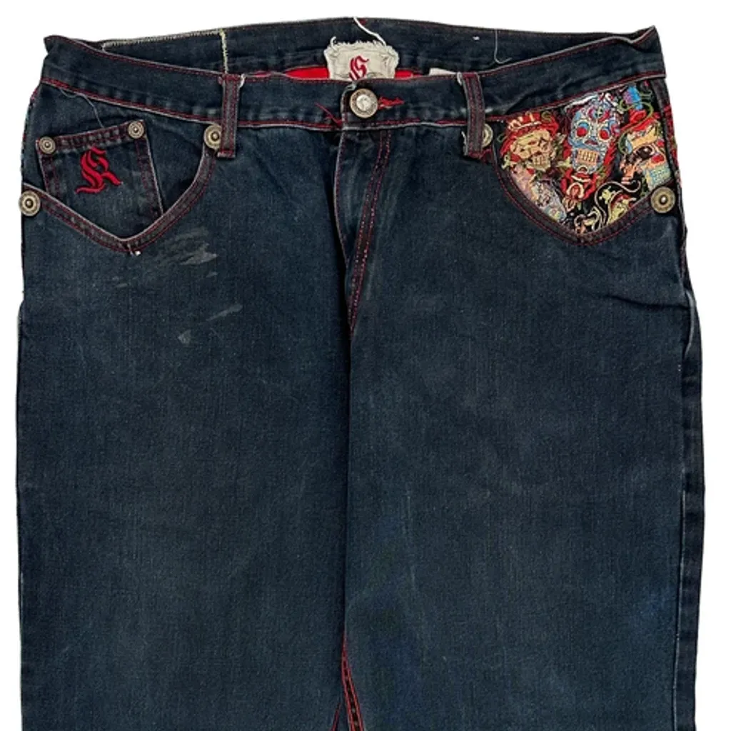 Kanji Baggy Graphic Jeans - 38W 32L Dark Wash Denim - Image 9