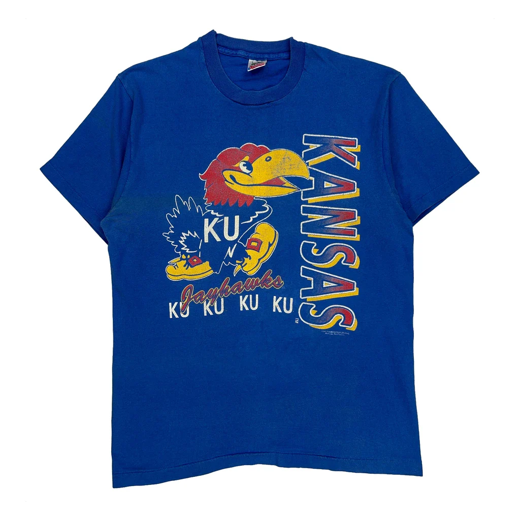 Kansas Jayhawks Fruit Of The Loom College T-Shirt - Large Blue Cotton