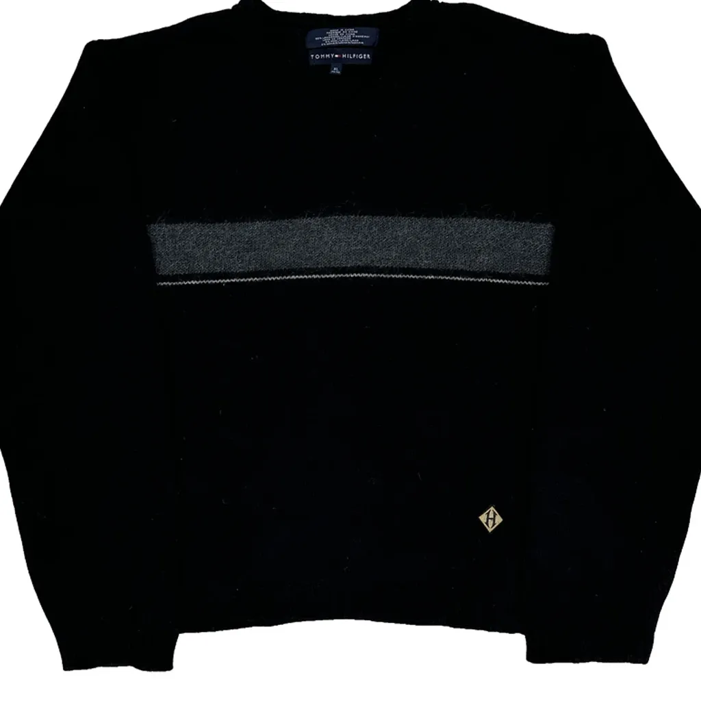 Lambswool Mohair Tommy Hilfiger Chunky Knit Striped Jumper - XL Black Wool Blend - Image 4