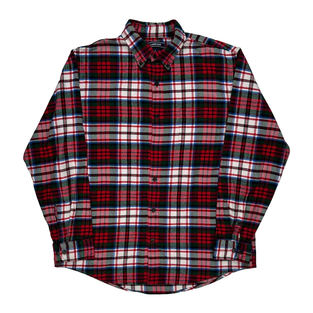 Lands End Checked Flannel Shirt - Large Red Cotton