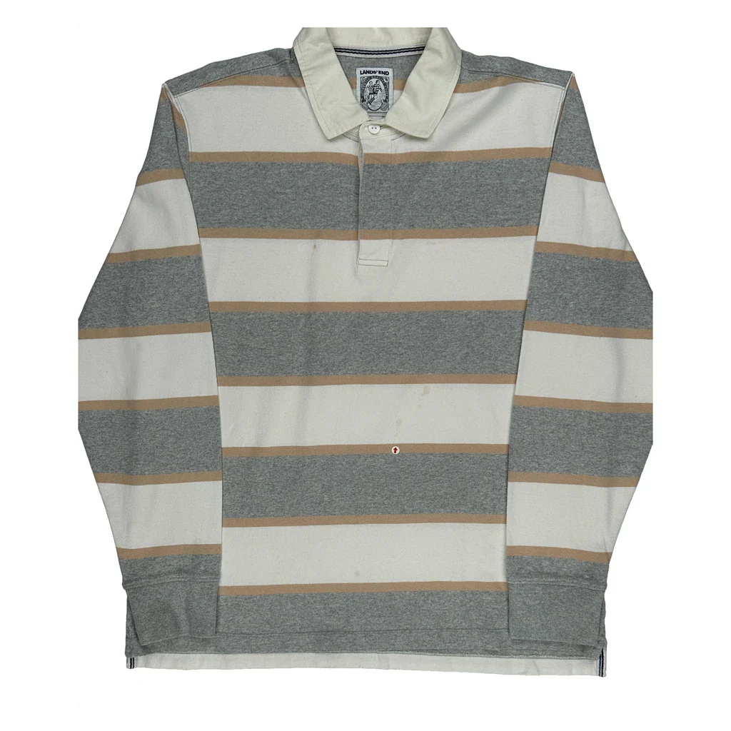 Lands End Striped Rugby Shirt - Large Grey Cotton - Image 2