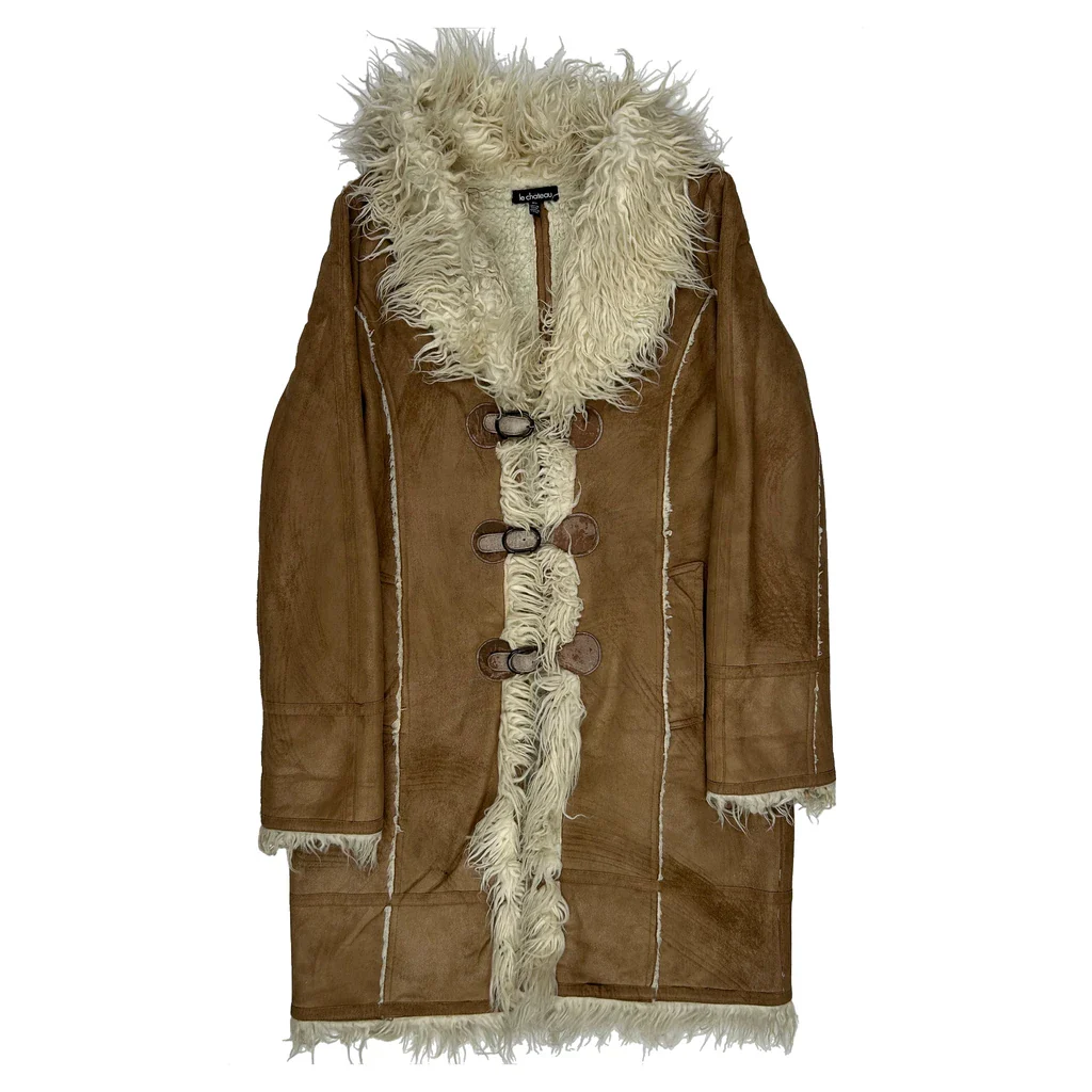 Le Chateau Duffle Style Belted Afghan Coat - Small Brown Faux Fur