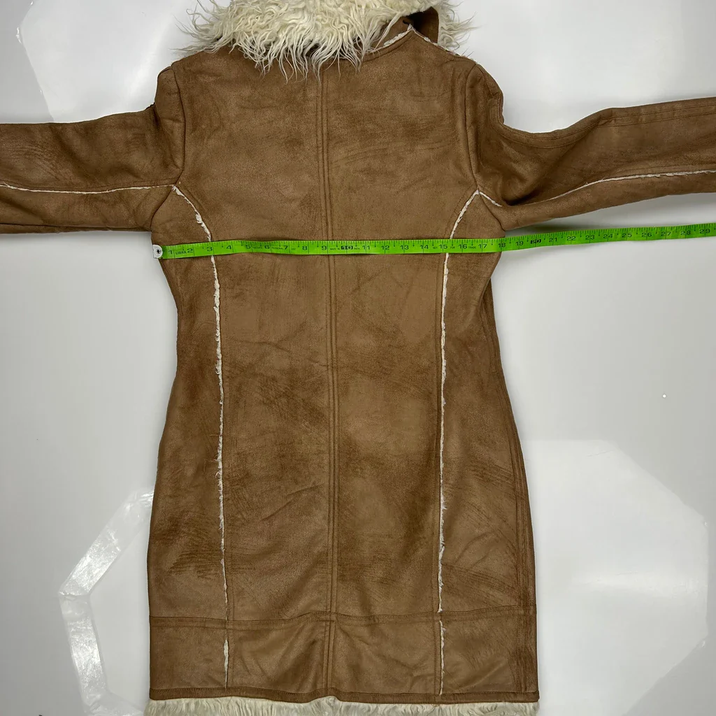 Le Chateau Duffle Style Belted Afghan Coat - Small Brown Faux Fur - Image 3