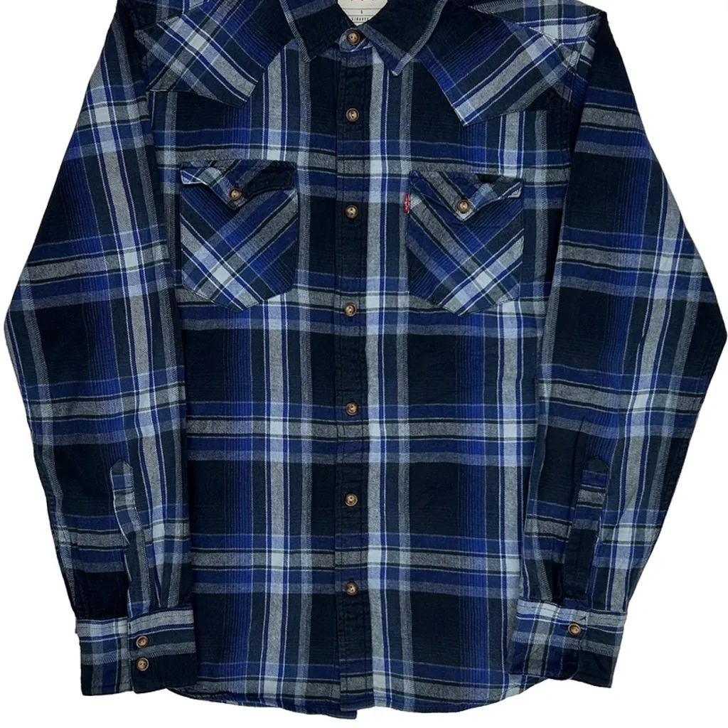 Levis Checked Flannel Shirt - Small Blue Cotton - Image 5