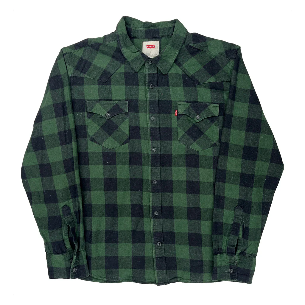 Levis Checked Flannel Shirt - XL Green Cotton