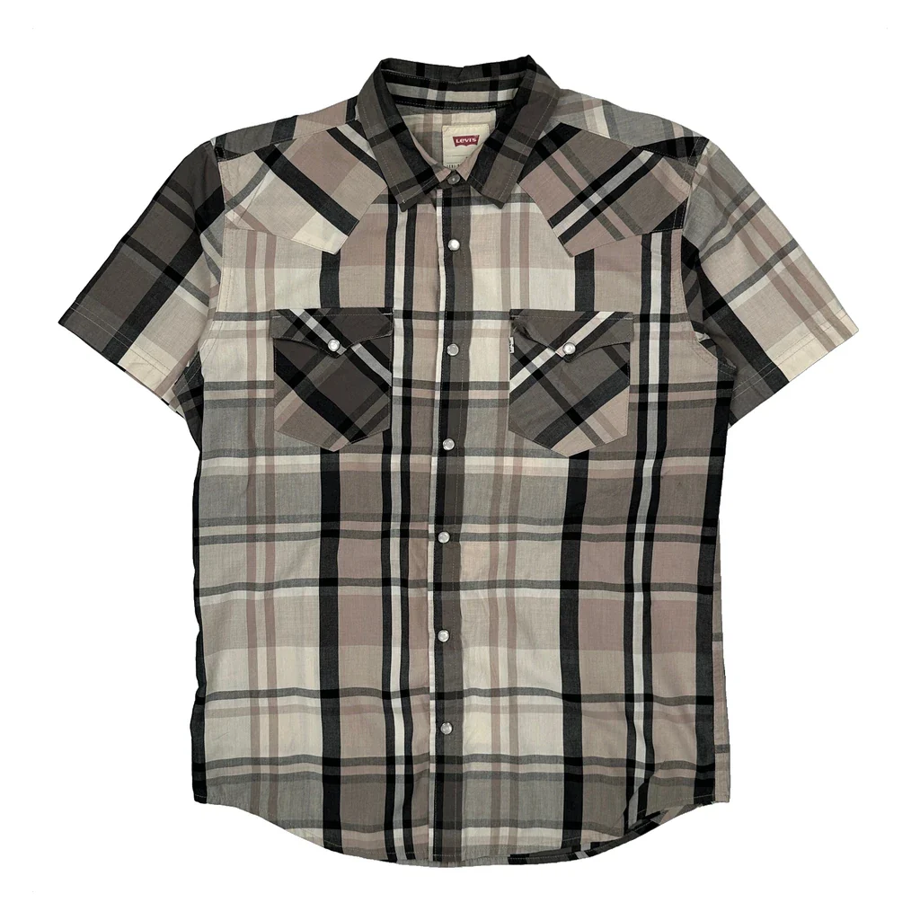 Levis Checked Short Sleeve Shirt - Small Grey Cotton