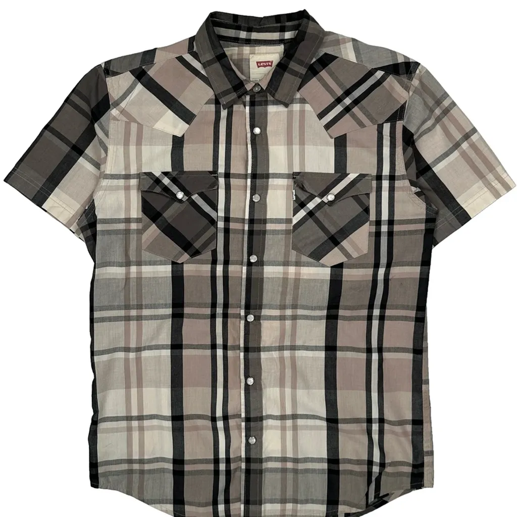Levis Checked Short Sleeve Shirt - Small Grey Cotton - Image 5