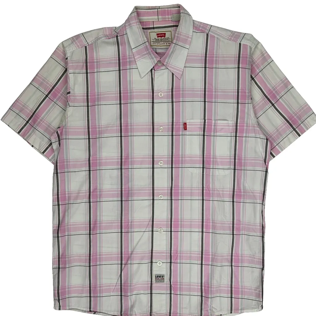 Levis Checked Short Sleeve Shirt - XL Pink Cotton - Image 5