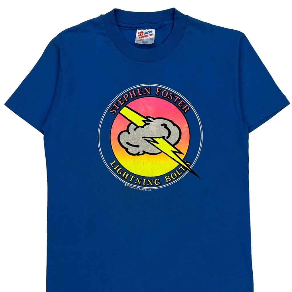 Lightning Bolt Hanes Graphic T-Shirt - Small Blue Cotton Blend - Image 5