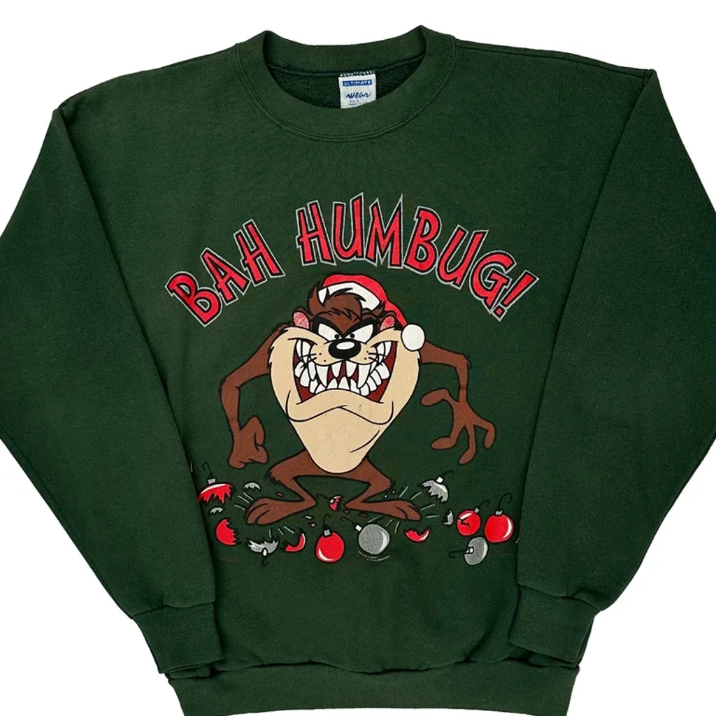 Looney Tunes Ultimate Sportswear Taz Christmas Sweatshirt - Large Green Cotton Blend - Image 4