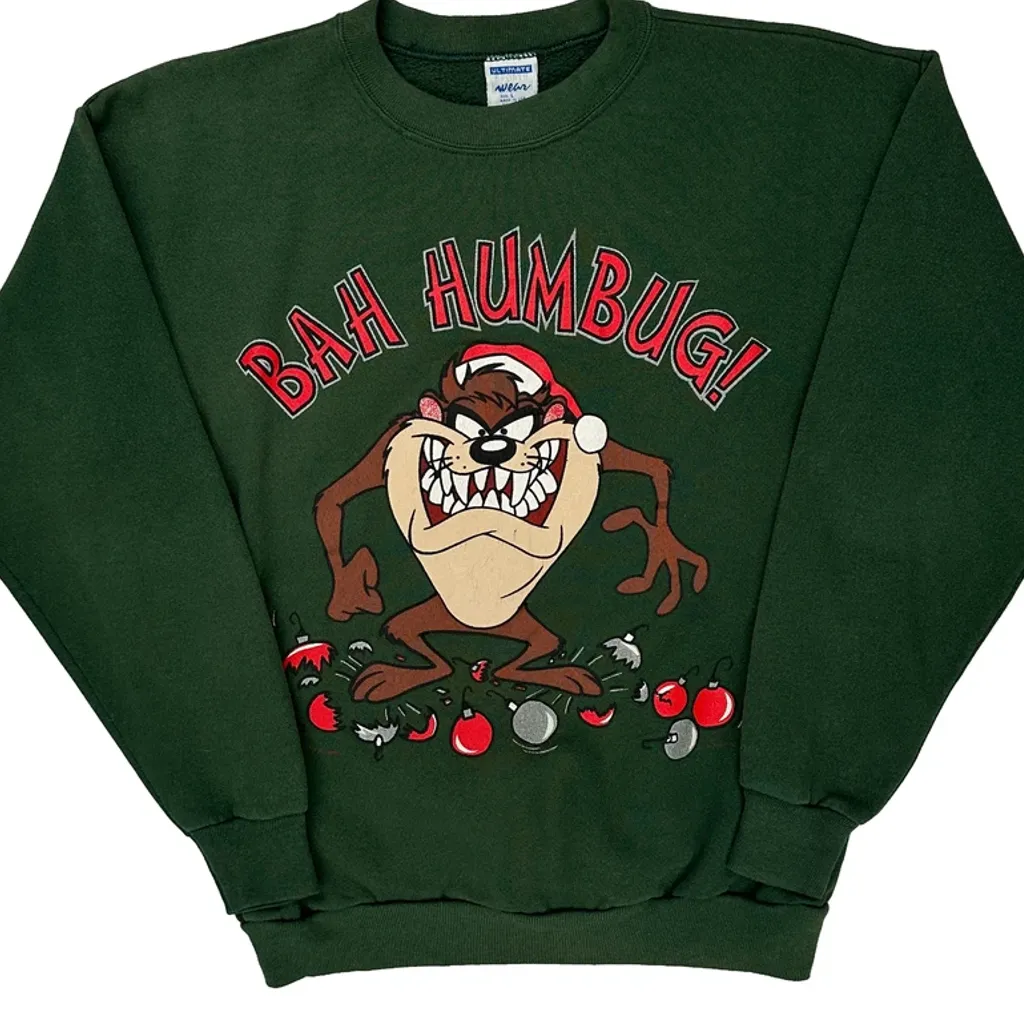 Looney Tunes Ultimate Sportswear Taz Christmas Sweatshirt - Large Green Cotton Blend - Image 5