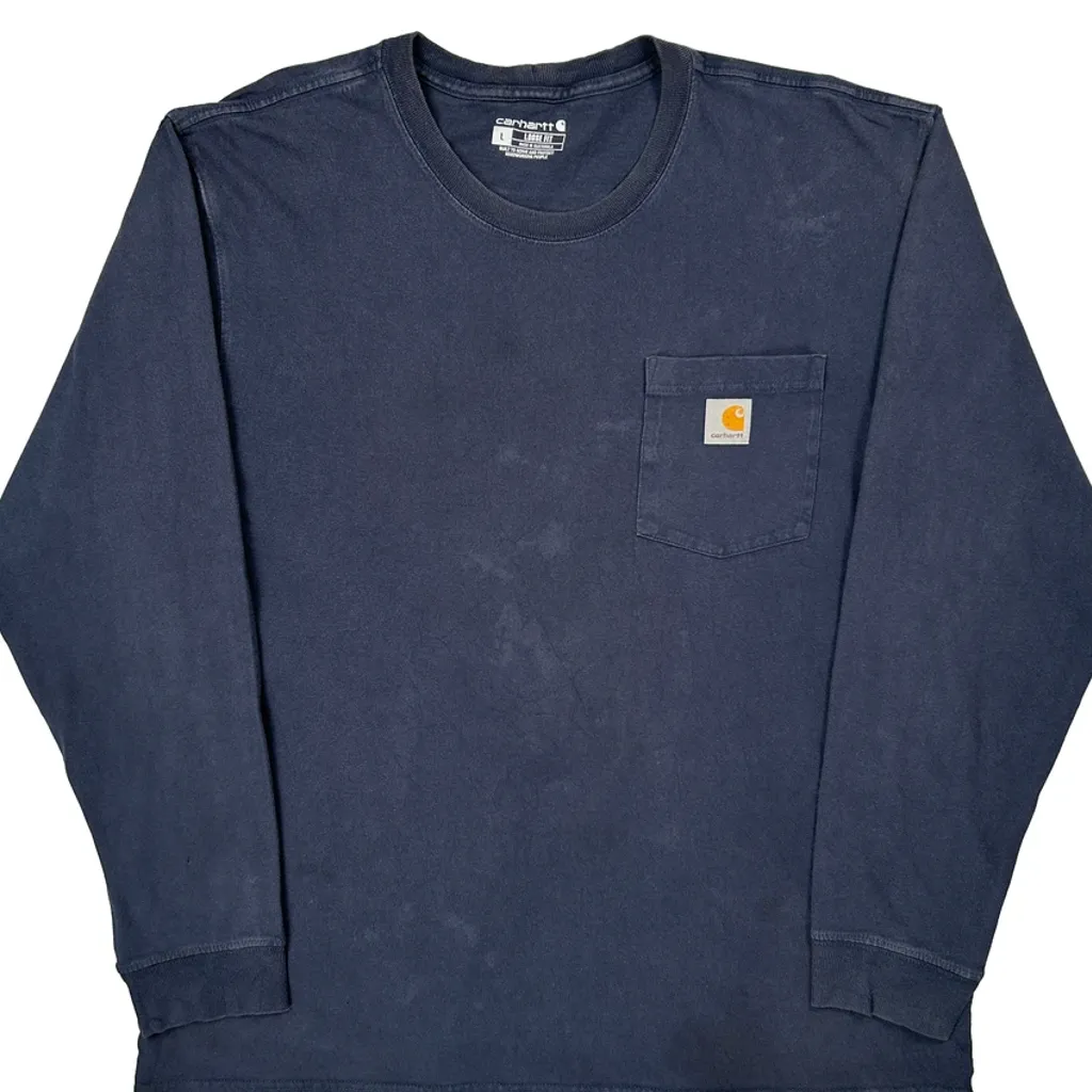 Loose Fit Carhartt Long Sleeve T-Shirt - Large Navy Cotton - Image 4