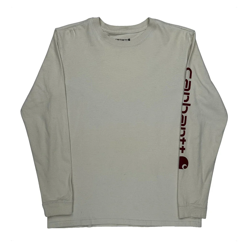 Loose Fit Carhartt Spellout Long Sleeve T-Shirt - Medium Cream Cotton